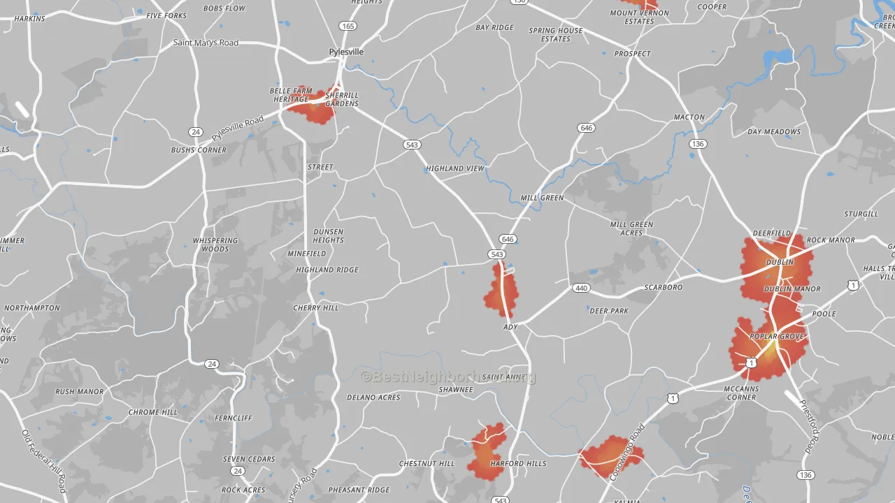 Walk Grade map of 21154, MD, walkable areas in green and car-dependent areas in red