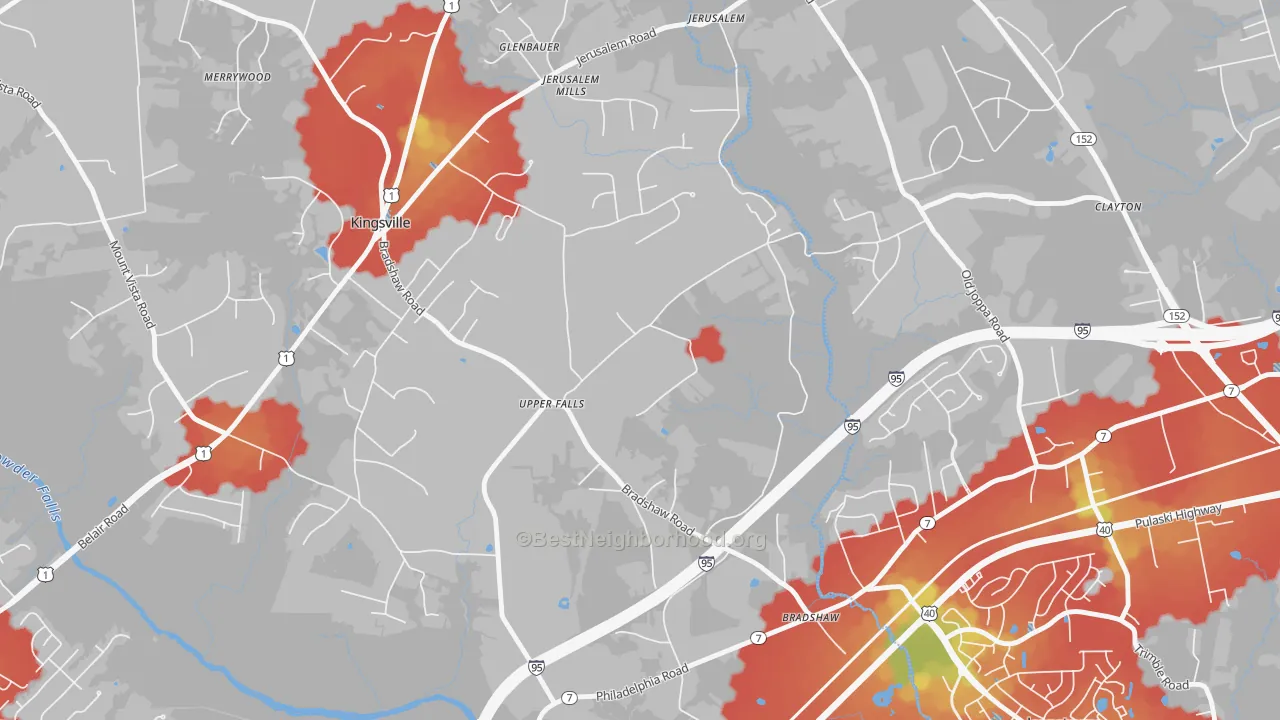 Walk Grade map of 21156, MD, walkable areas in green and car-dependent areas in red