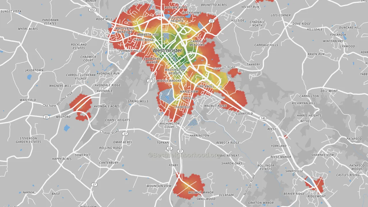Walk Grade map of 21157, MD, walkable areas in green and car-dependent areas in red