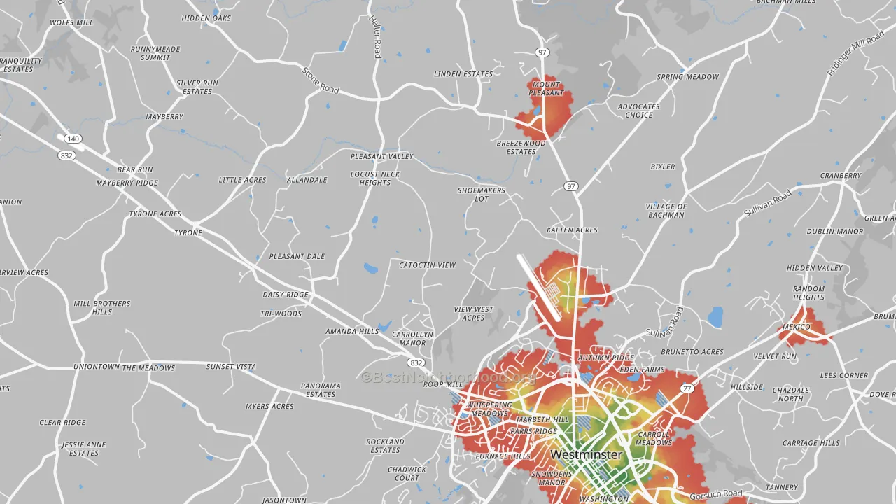 Walk Grade map of 21158, MD, walkable areas in green and car-dependent areas in red