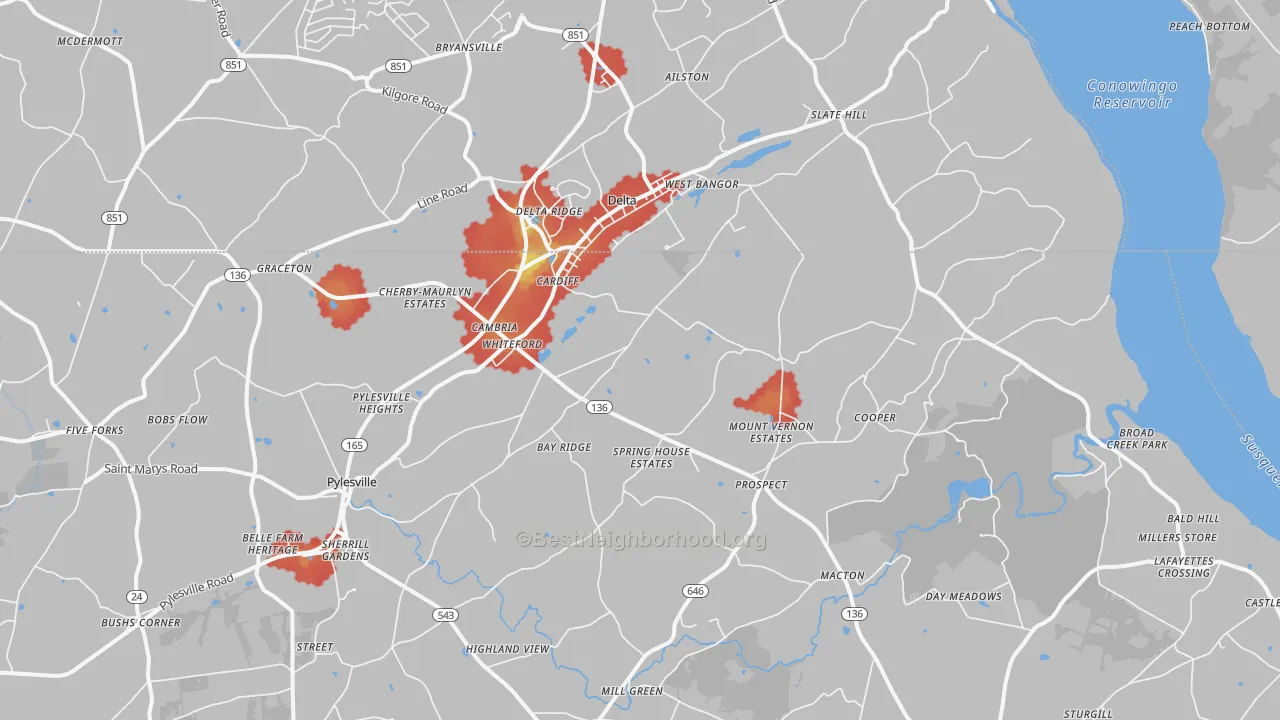 Walk Grade map of 21160, MD, walkable areas in green and car-dependent areas in red