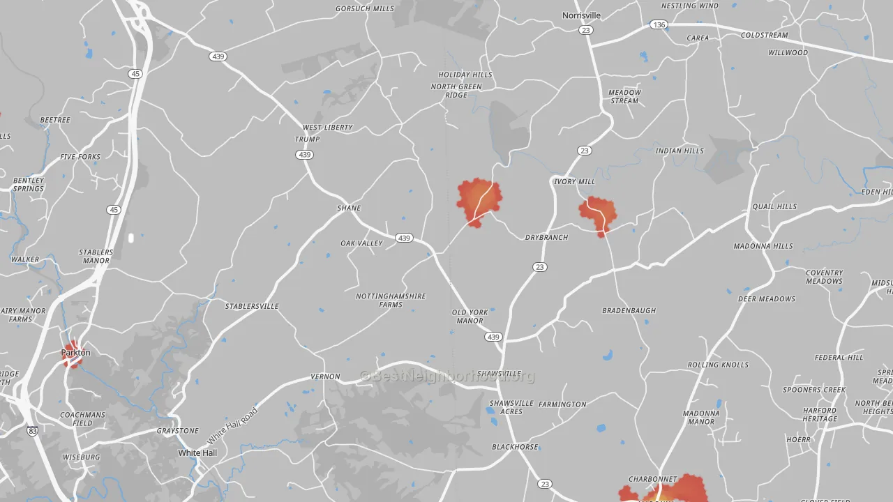 Walk Grade map of 21161, MD, walkable areas in green and car-dependent areas in red