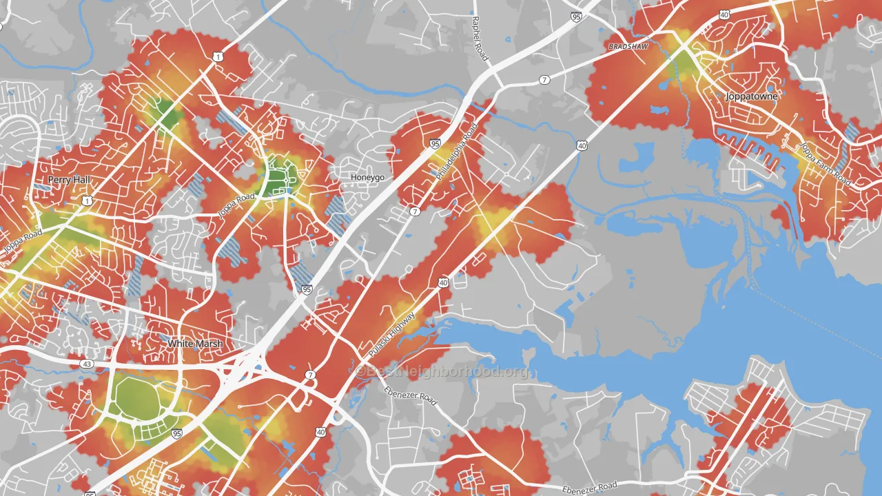 Walk Grade map of 21162, MD, walkable areas in green and car-dependent areas in red
