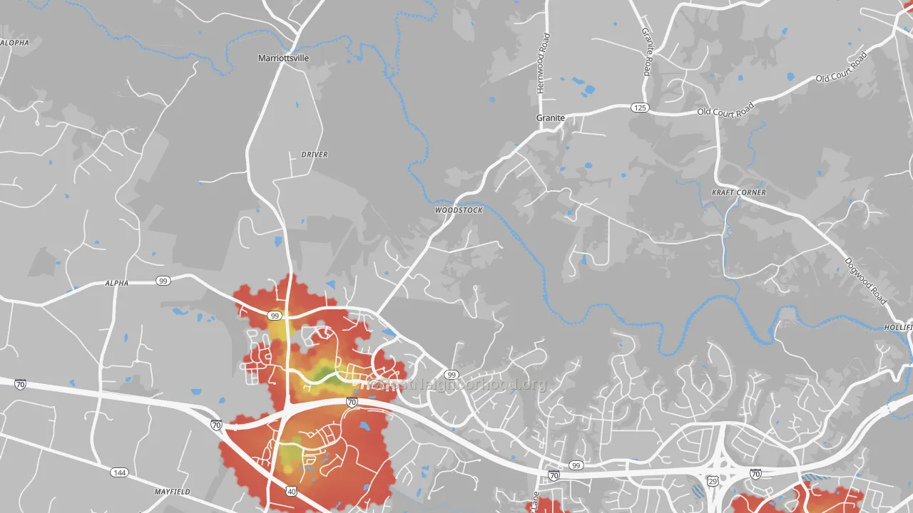 Walk Grade map of 21163, MD, walkable areas in green and car-dependent areas in red