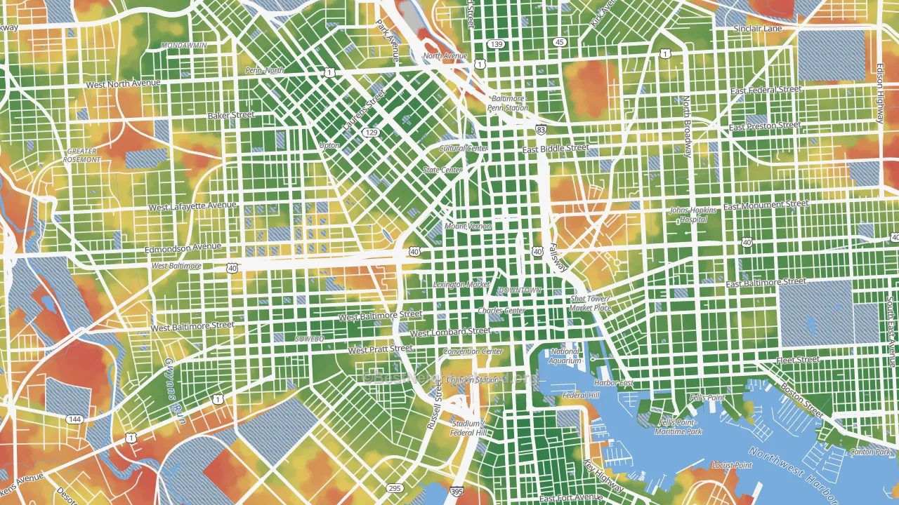 Walk Grade map of 21201, MD, walkable areas in green and car-dependent areas in red
