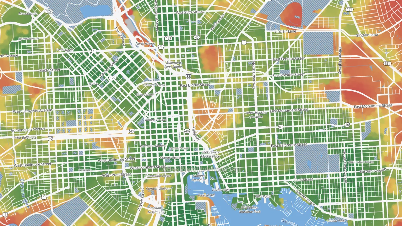 Walk Grade map of 21202, MD, walkable areas in green and car-dependent areas in red