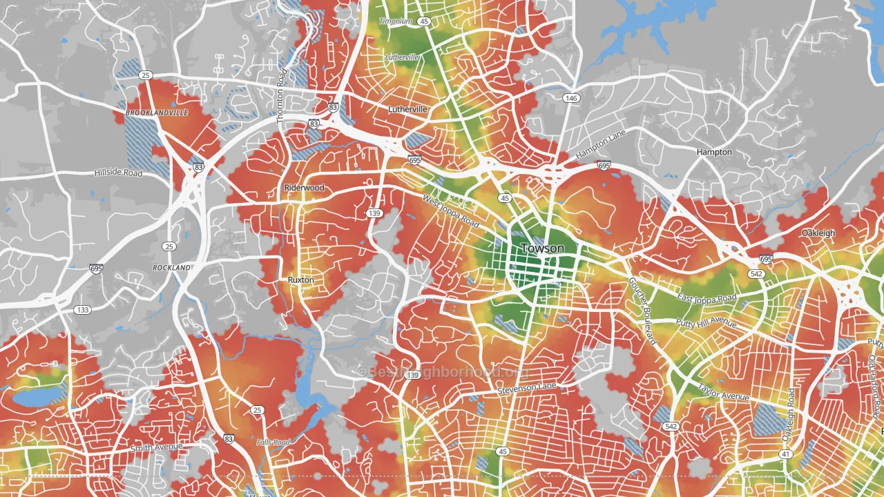 Walk Grade map of 21204, MD, walkable areas in green and car-dependent areas in red