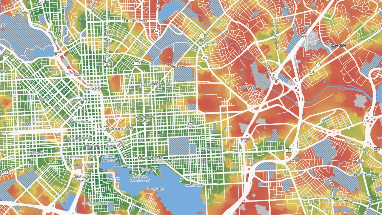 Walk Grade map of 21205, MD, walkable areas in green and car-dependent areas in red