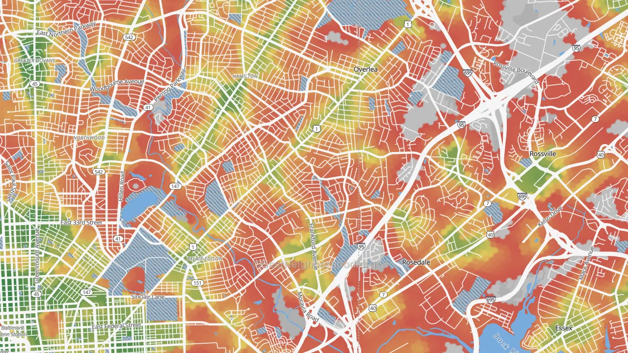 Walk Grade map of 21206, MD, walkable areas in green and car-dependent areas in red