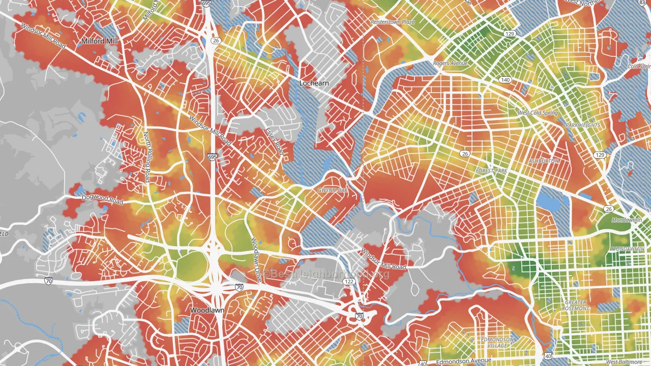 Walk Grade map of 21207, MD, walkable areas in green and car-dependent areas in red