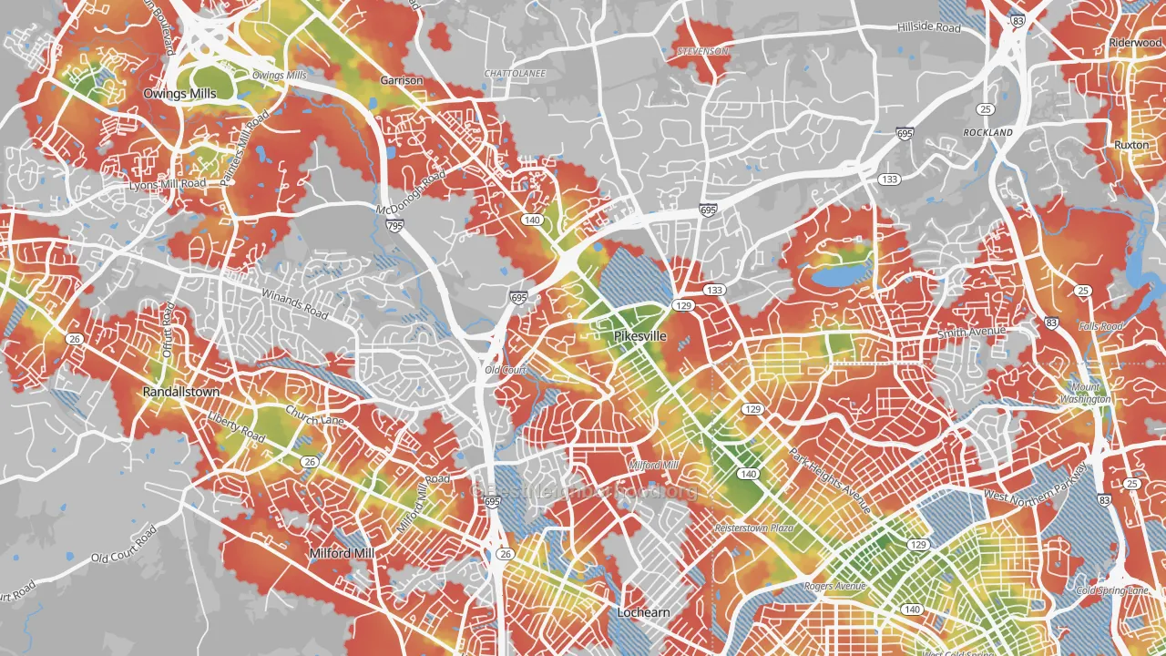 Walk Grade map of 21208, MD, walkable areas in green and car-dependent areas in red