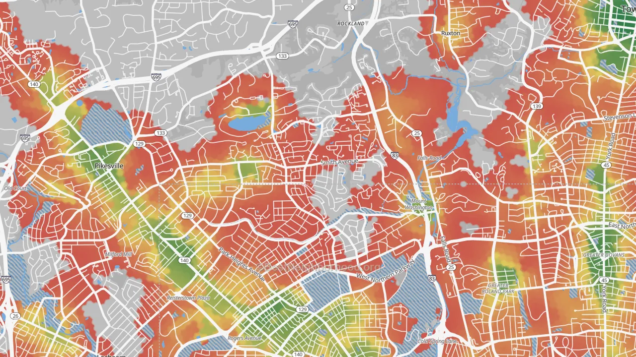 Walk Grade map of 21209, MD, walkable areas in green and car-dependent areas in red