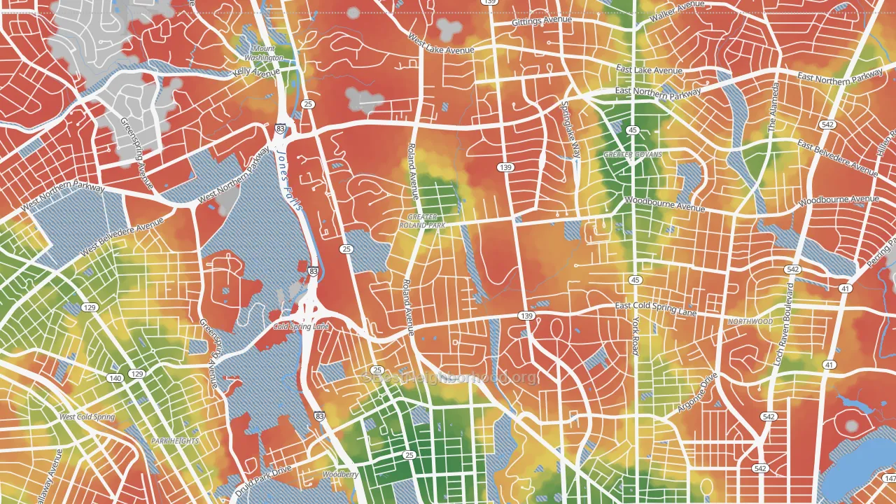 Walk Grade map of 21210, MD, walkable areas in green and car-dependent areas in red
