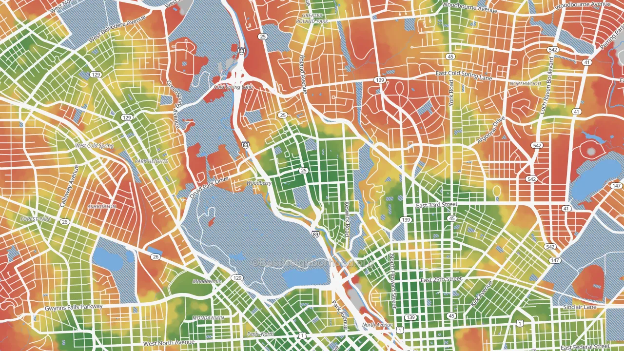 Walk Grade map of 21211, MD, walkable areas in green and car-dependent areas in red