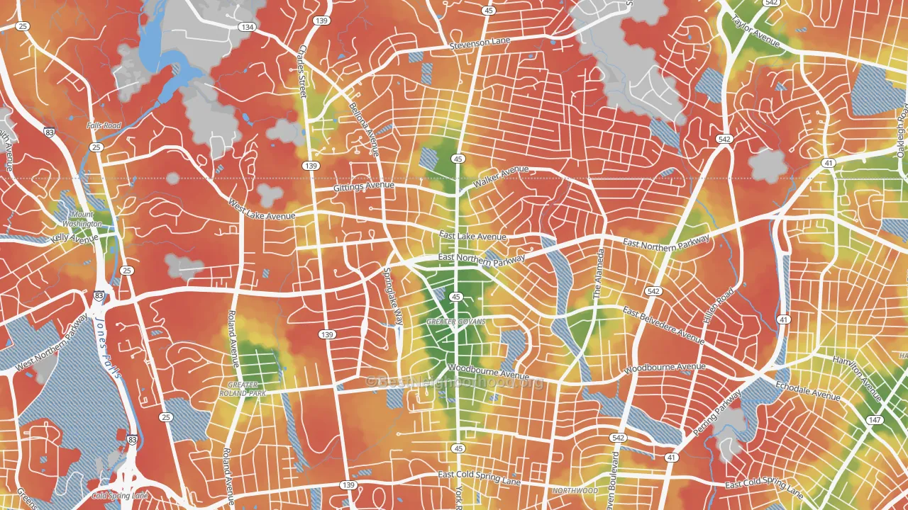 Walk Grade map of 21212, MD, walkable areas in green and car-dependent areas in red