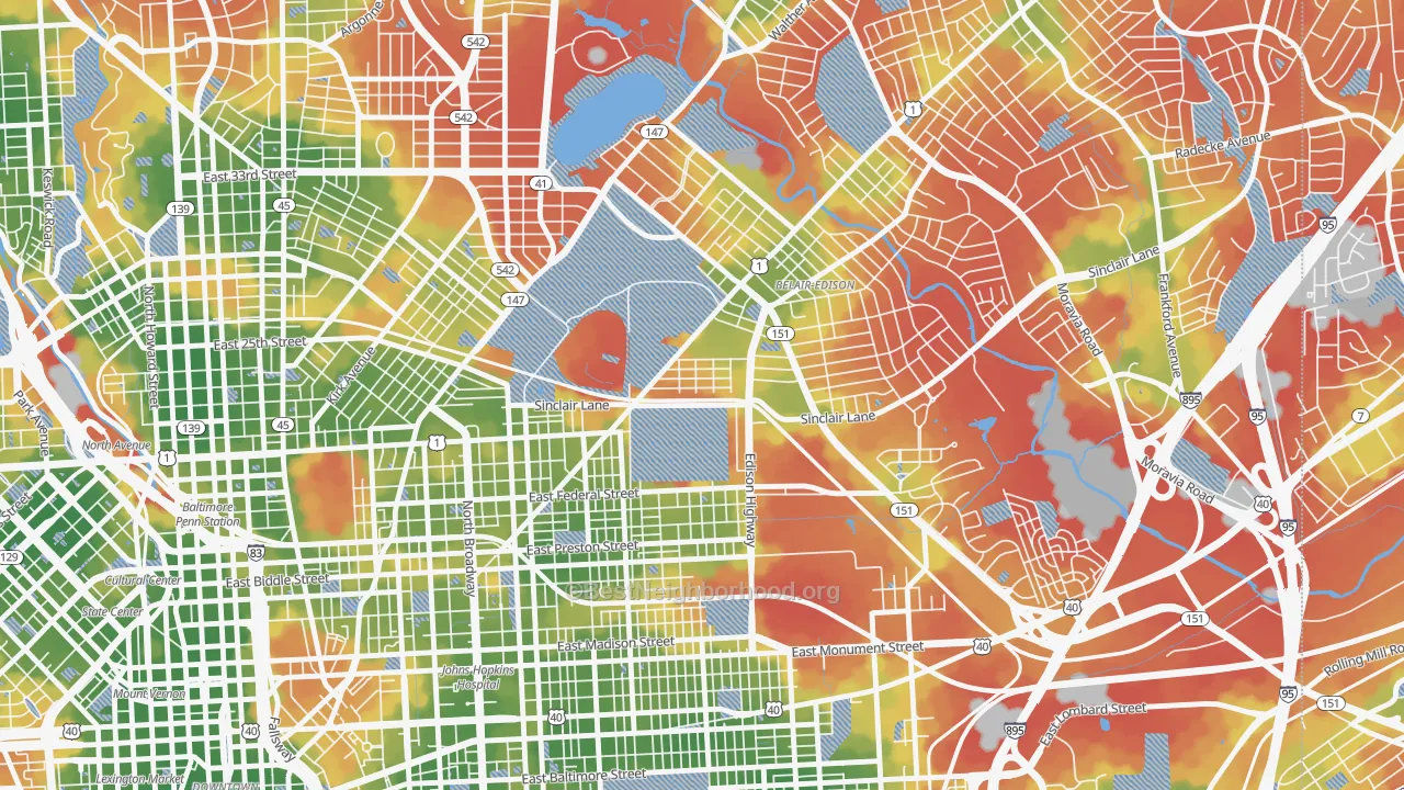Walk Grade map of 21213, MD, walkable areas in green and car-dependent areas in red