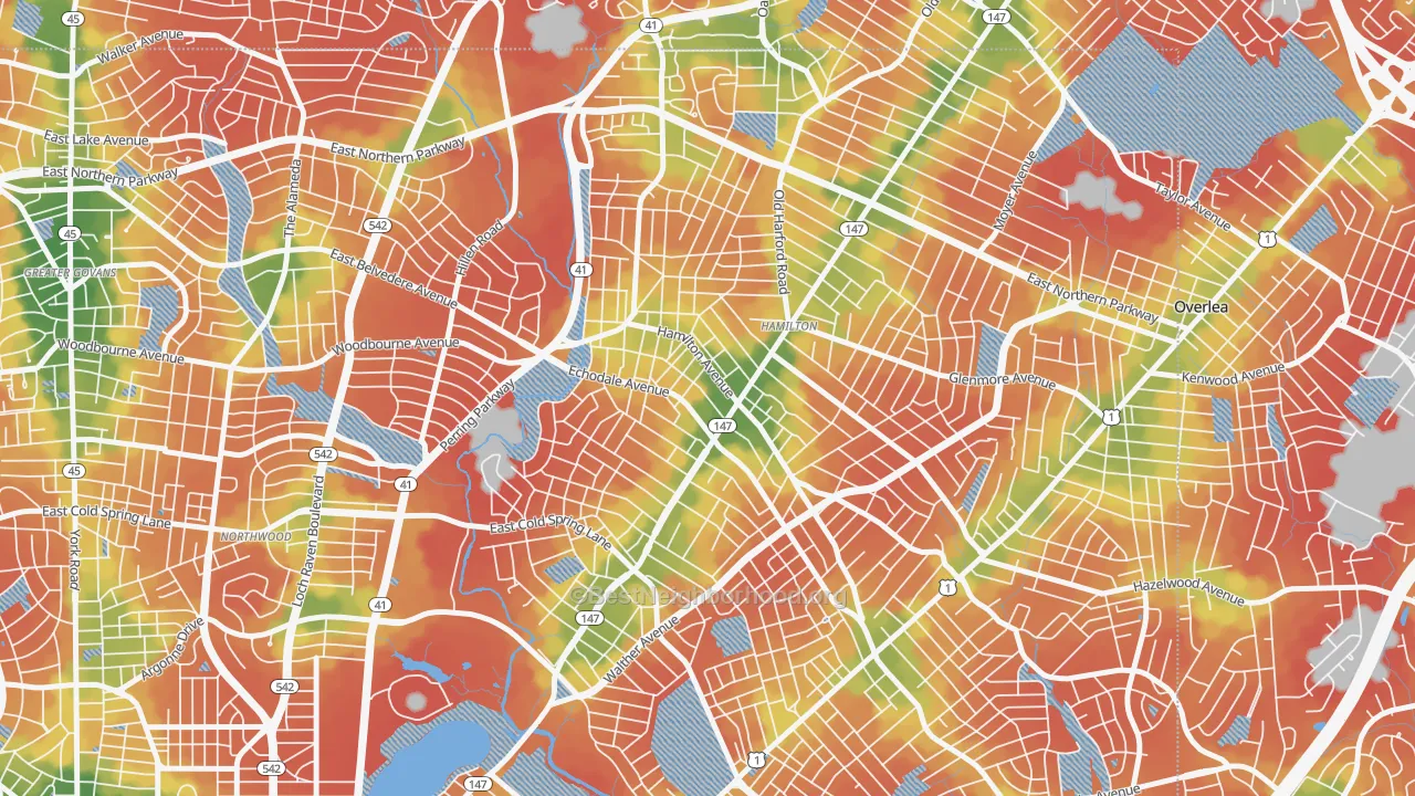 Walk Grade map of 21214, MD, walkable areas in green and car-dependent areas in red