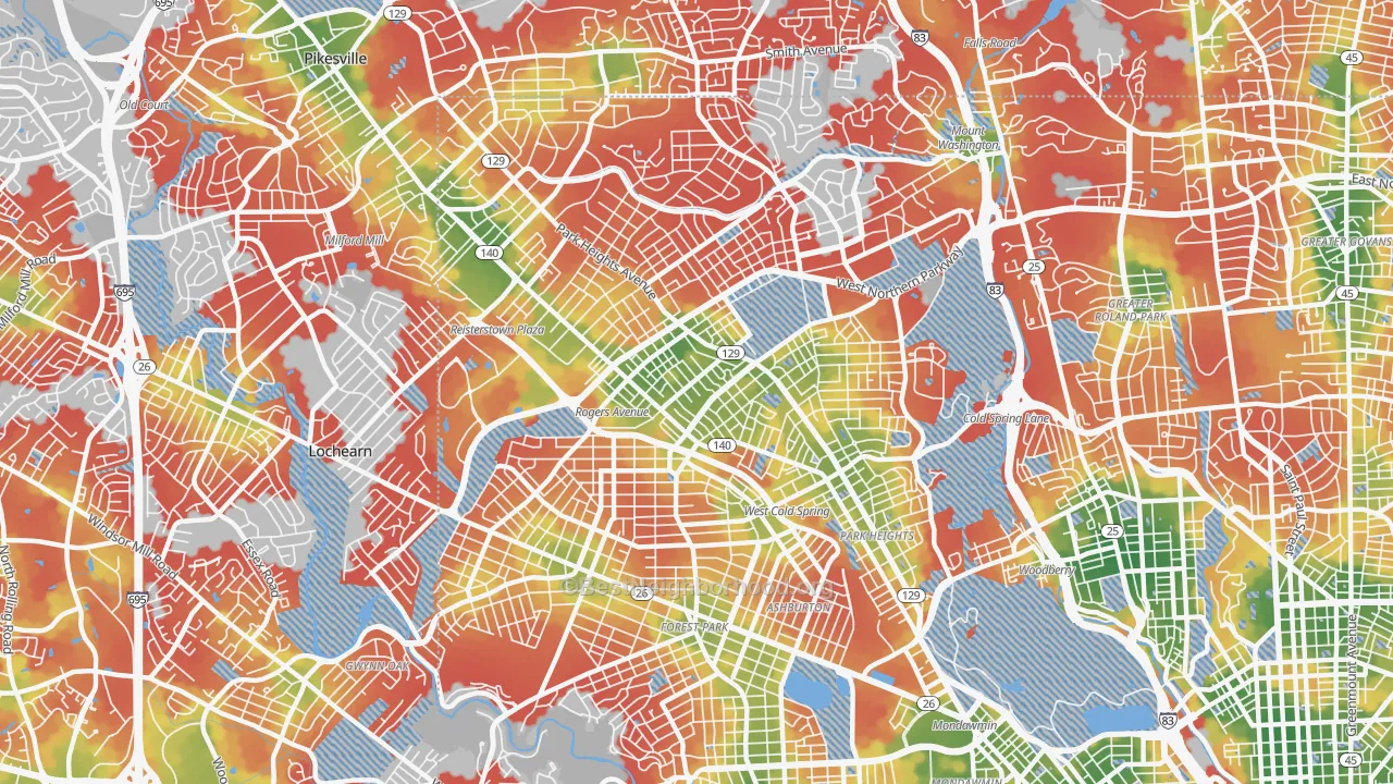 Walk Grade map of 21215, MD, walkable areas in green and car-dependent areas in red