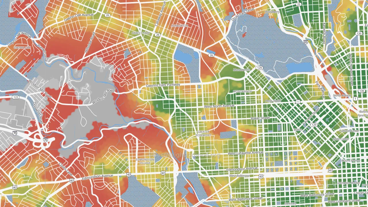 Walk Grade map of 21216, MD, walkable areas in green and car-dependent areas in red