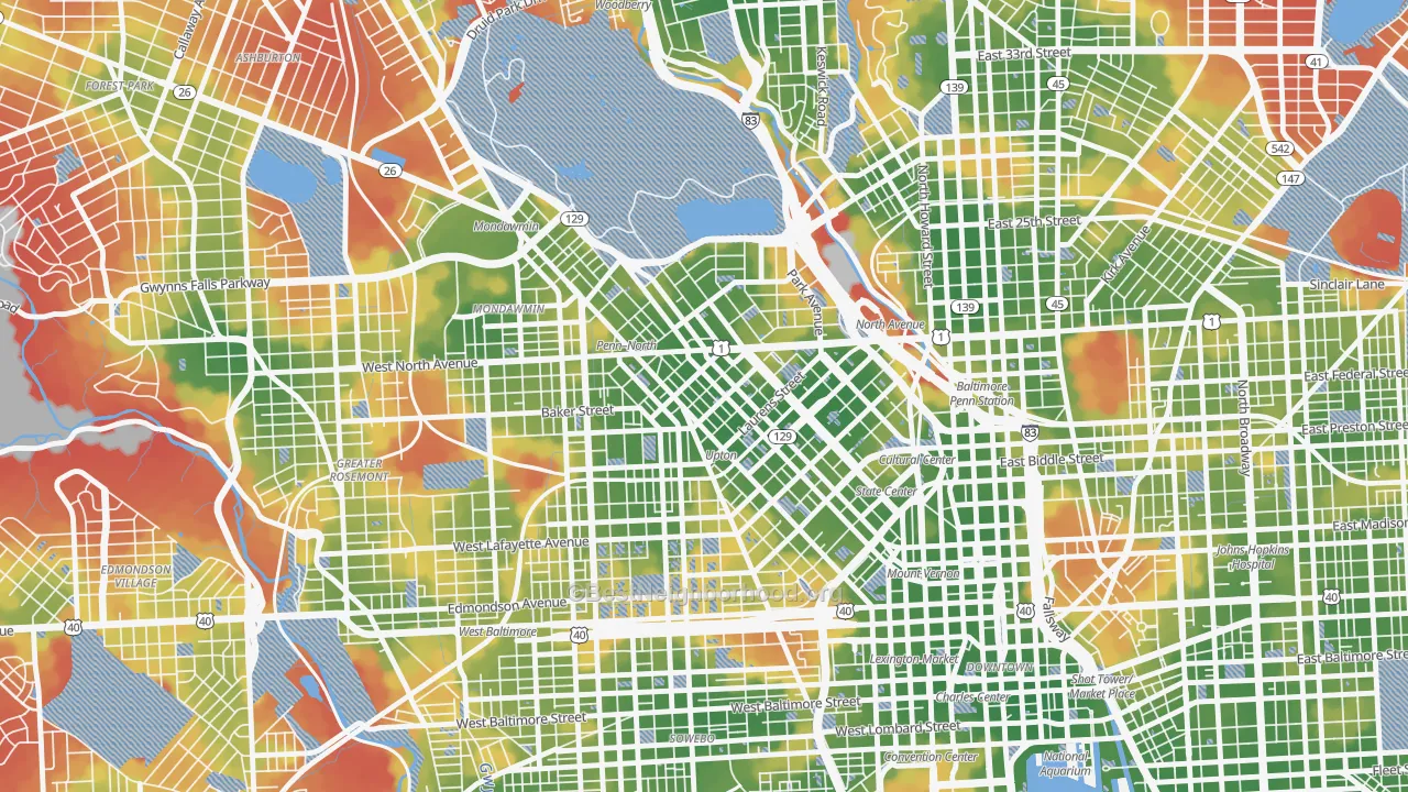 Walk Grade map of 21217, MD, walkable areas in green and car-dependent areas in red