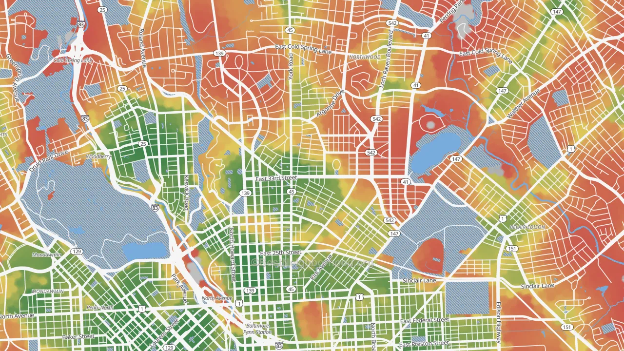 Walk Grade map of 21218, MD, walkable areas in green and car-dependent areas in red