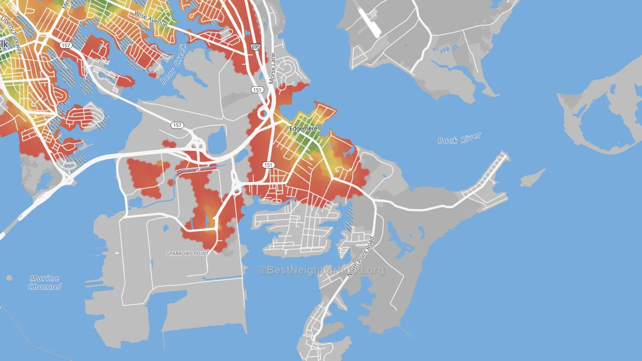 Walk Grade map of 21219, MD, walkable areas in green and car-dependent areas in red