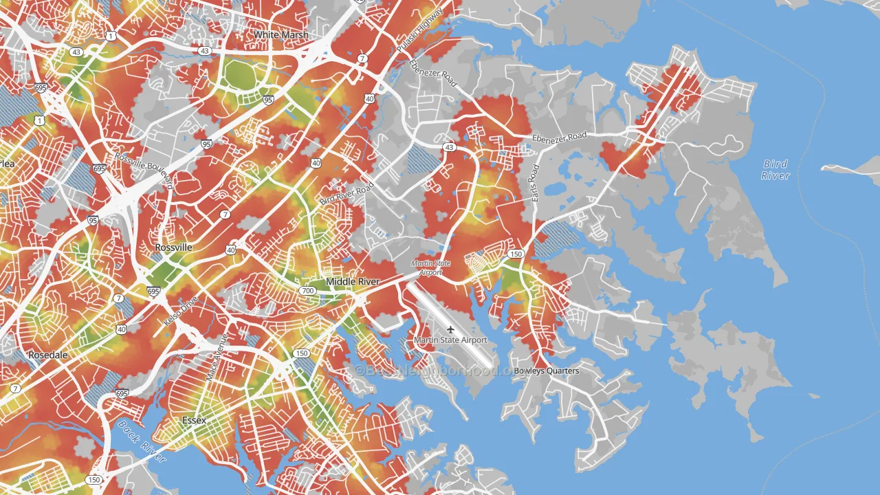Walk Grade map of 21220, MD, walkable areas in green and car-dependent areas in red
