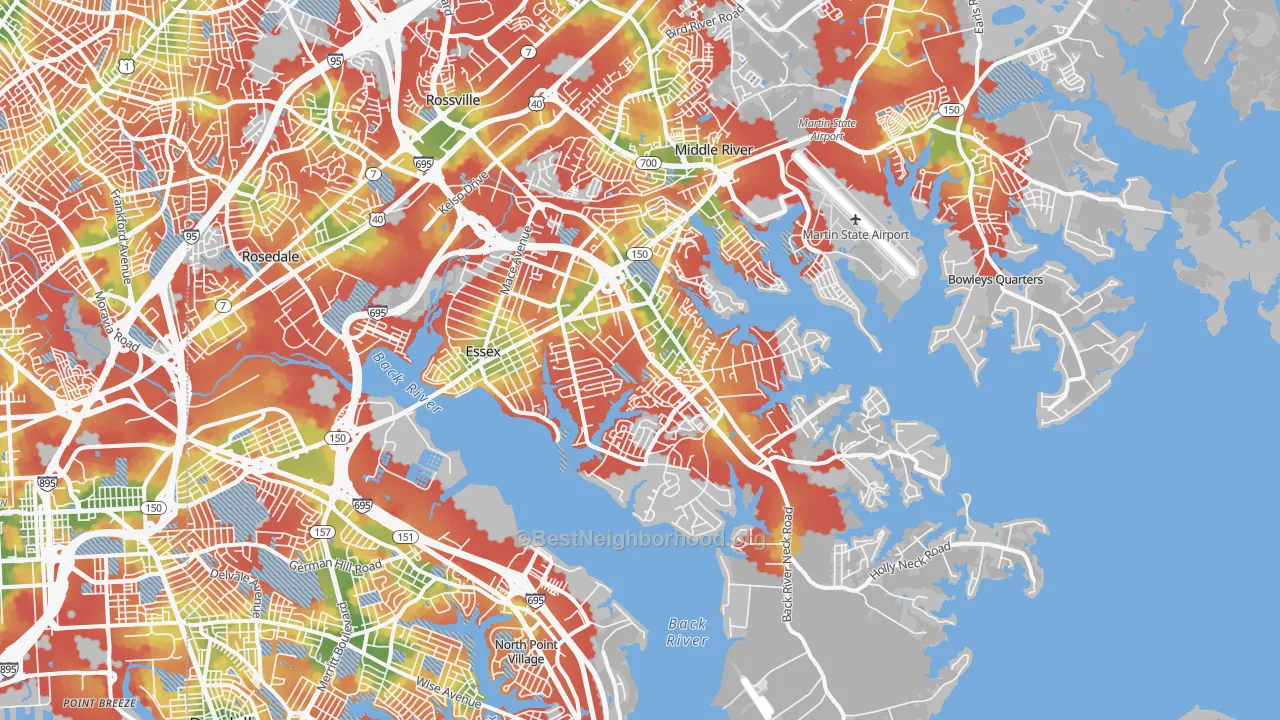 Walk Grade map of 21221, MD, walkable areas in green and car-dependent areas in red