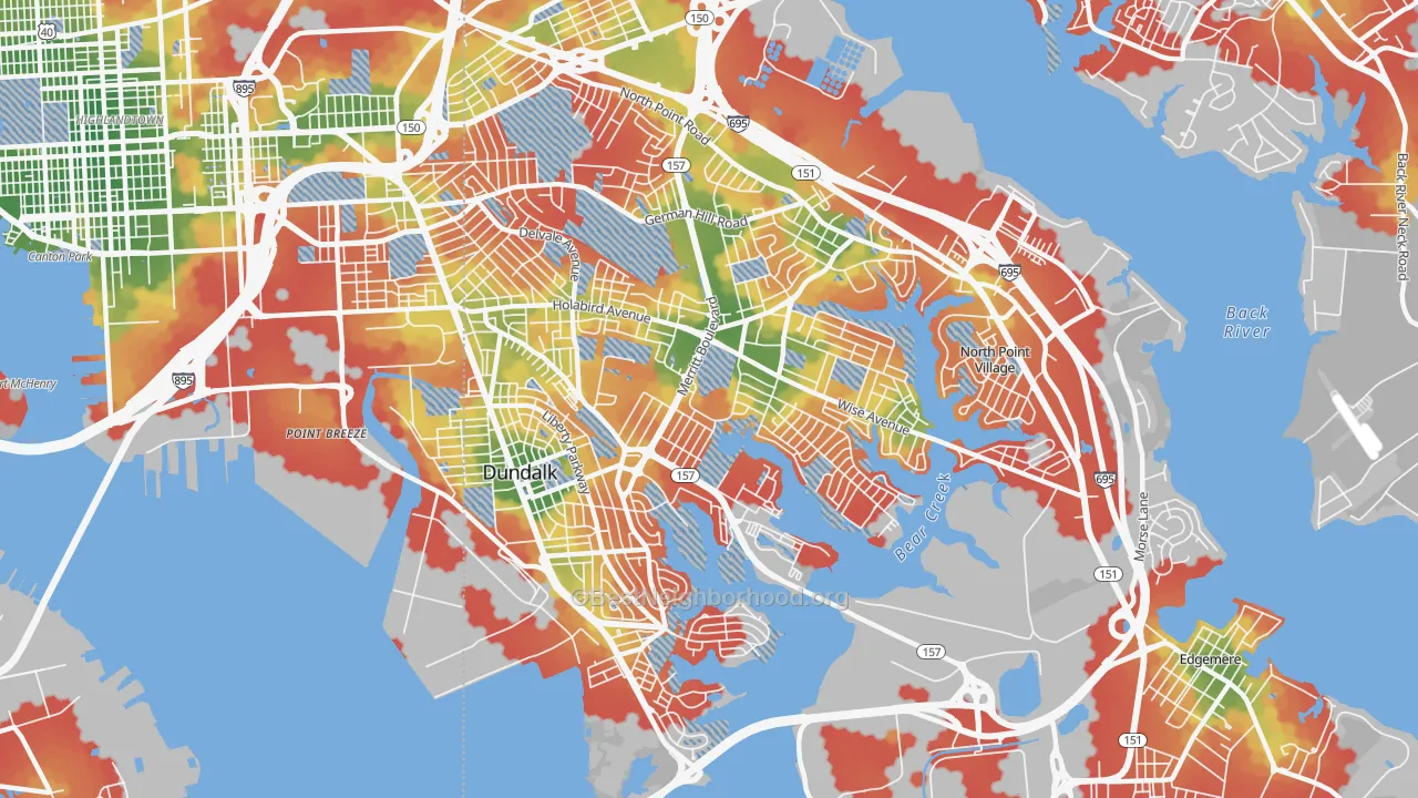 Walk Grade map of 21222, MD, walkable areas in green and car-dependent areas in red