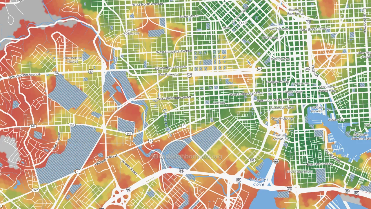 Walk Grade map of 21223, MD, walkable areas in green and car-dependent areas in red