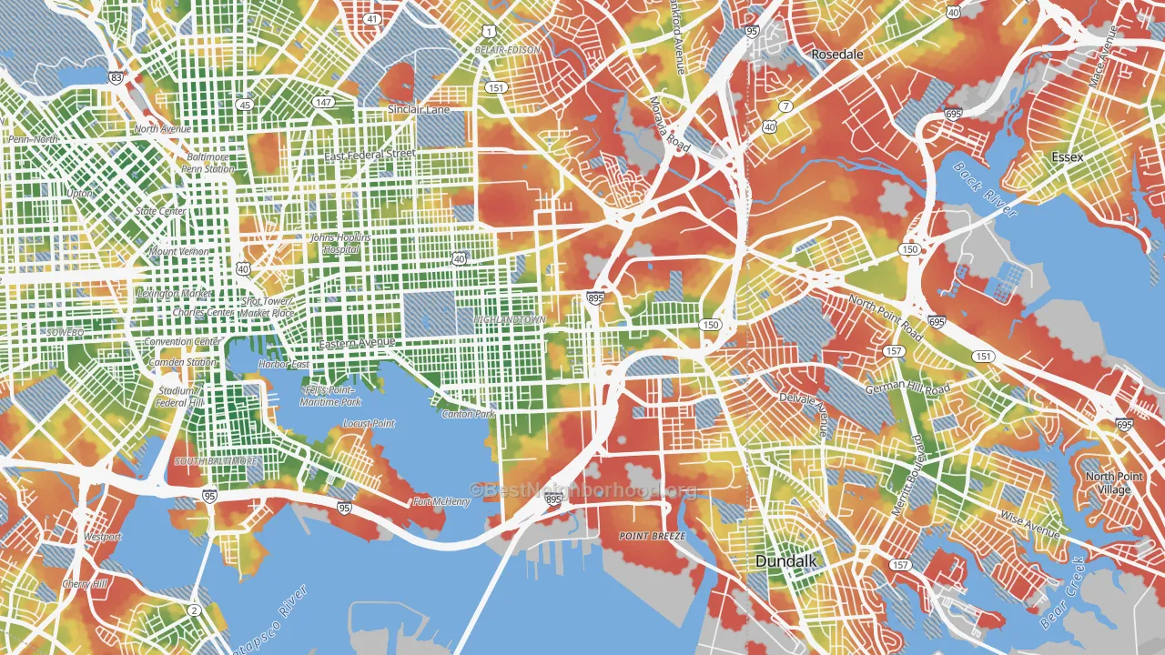 Walk Grade map of 21224, MD, walkable areas in green and car-dependent areas in red