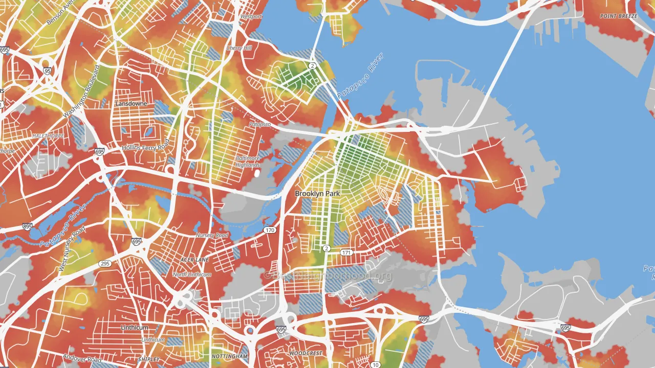 Walk Grade map of 21225, MD, walkable areas in green and car-dependent areas in red