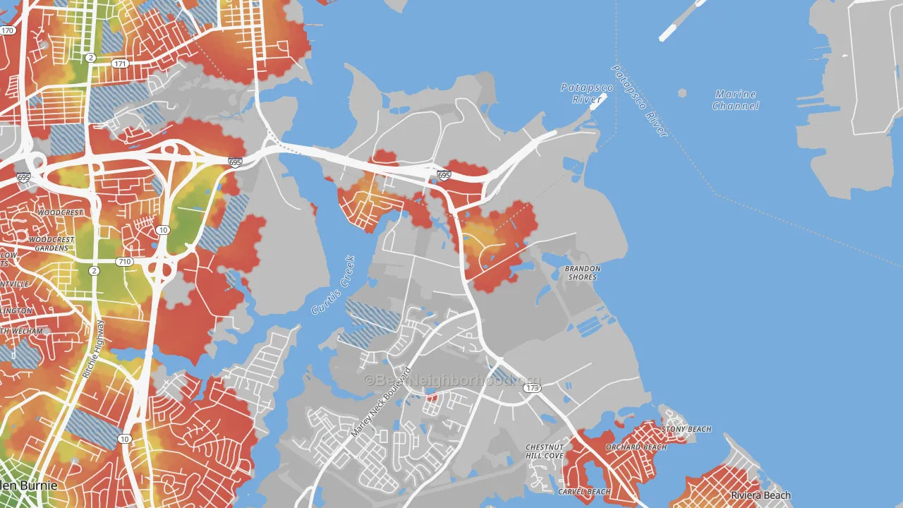 Walk Grade map of 21226, MD, walkable areas in green and car-dependent areas in red