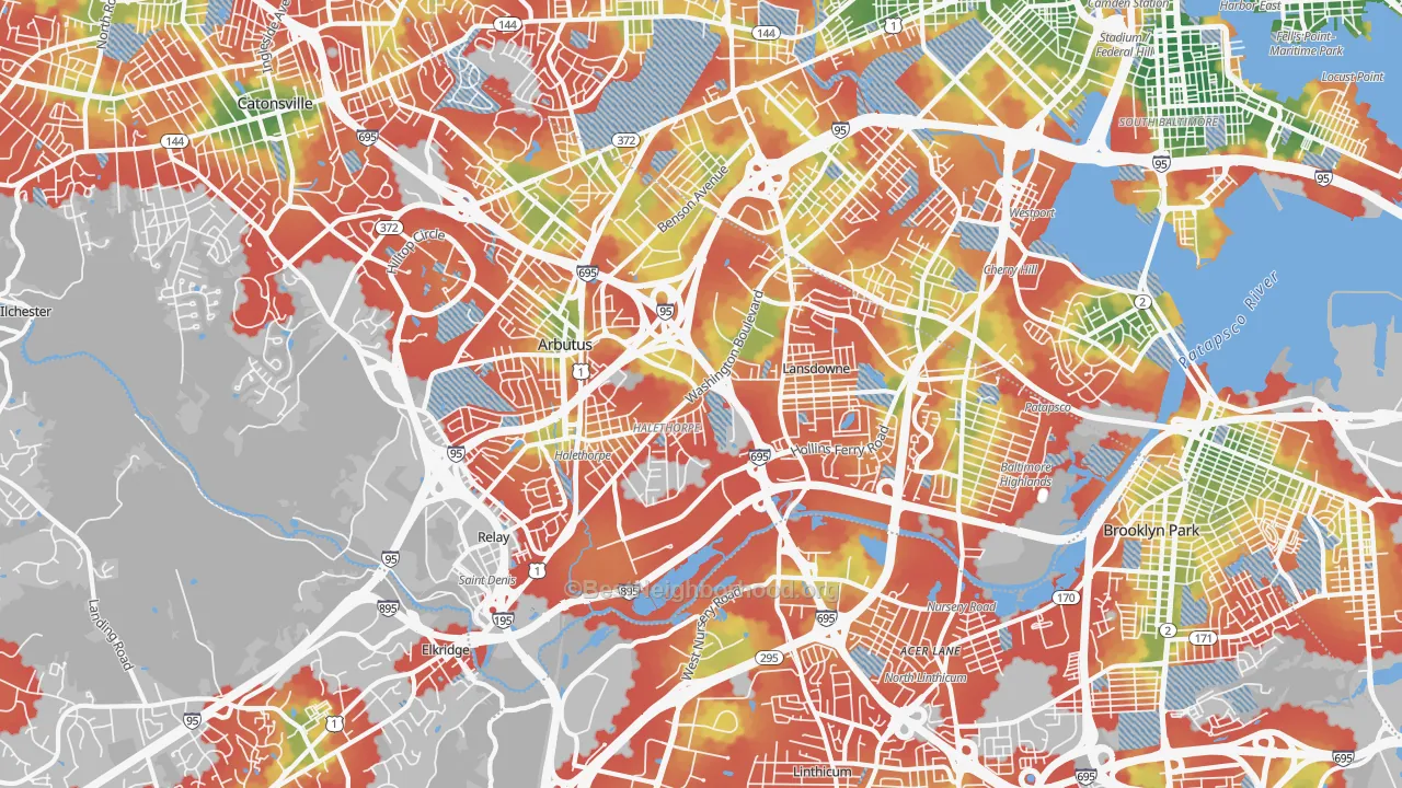 Walk Grade map of 21227, MD, walkable areas in green and car-dependent areas in red