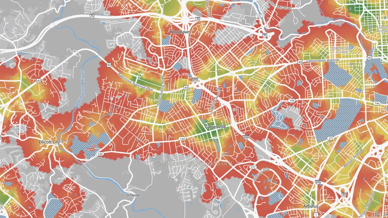 Walk Grade map of 21228, MD, walkable areas in green and car-dependent areas in red