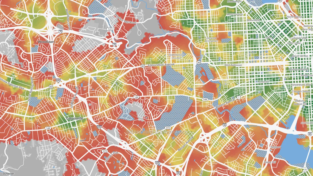 Walk Grade map of 21229, MD, walkable areas in green and car-dependent areas in red
