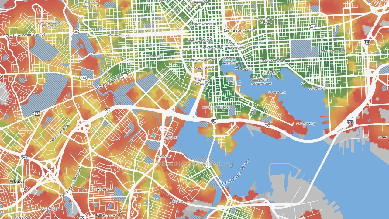 Walk Grade map of 21230, MD, walkable areas in green and car-dependent areas in red