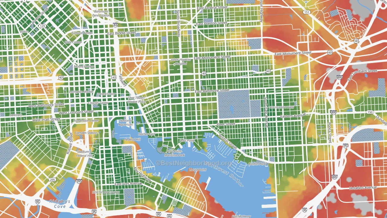 Walk Grade map of 21231, MD, walkable areas in green and car-dependent areas in red