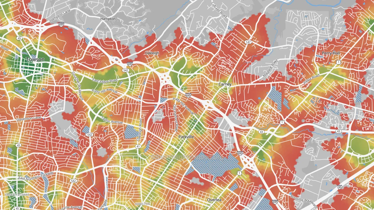 Walk Grade map of 21234, MD, walkable areas in green and car-dependent areas in red