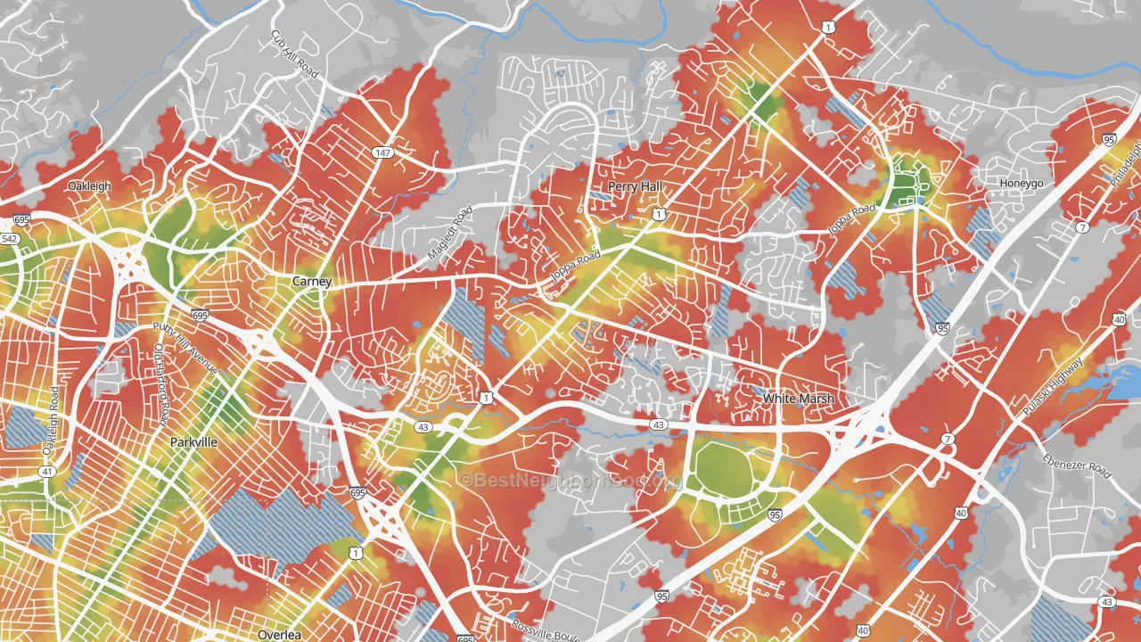 Walk Grade map of 21236, MD, walkable areas in green and car-dependent areas in red