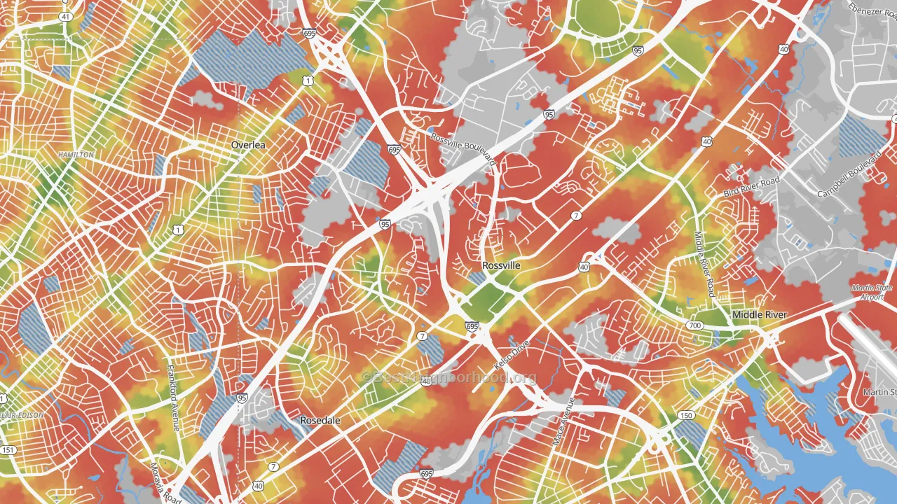 Walk Grade map of 21237, MD, walkable areas in green and car-dependent areas in red
