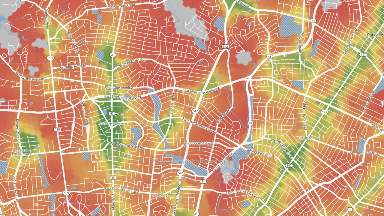 Walk Grade map of 21239, MD, walkable areas in green and car-dependent areas in red