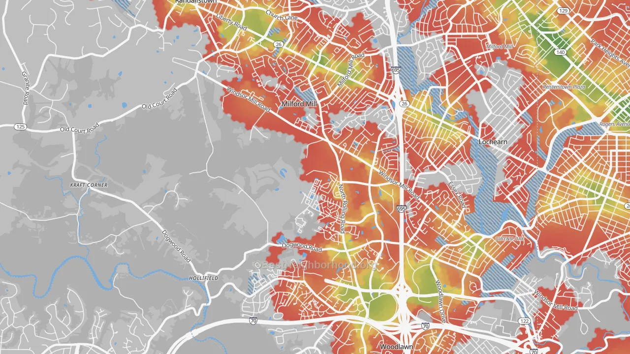 Walk Grade map of 21244, MD, walkable areas in green and car-dependent areas in red