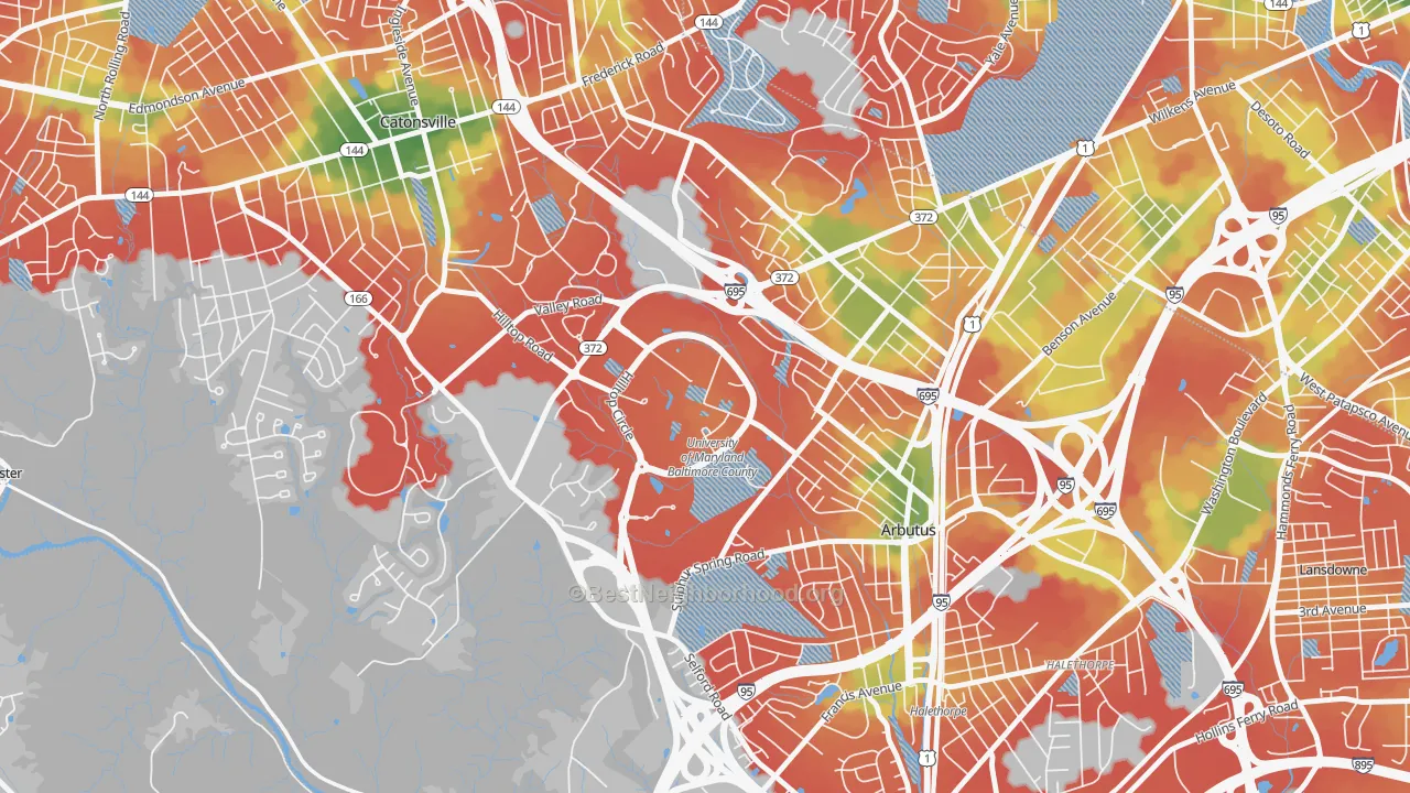 Walk Grade map of 21250, MD, walkable areas in green and car-dependent areas in red