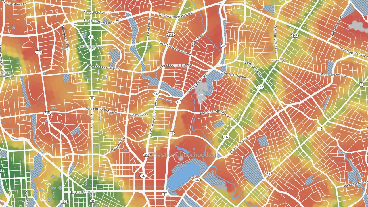 Walk Grade map of 21251, MD, walkable areas in green and car-dependent areas in red