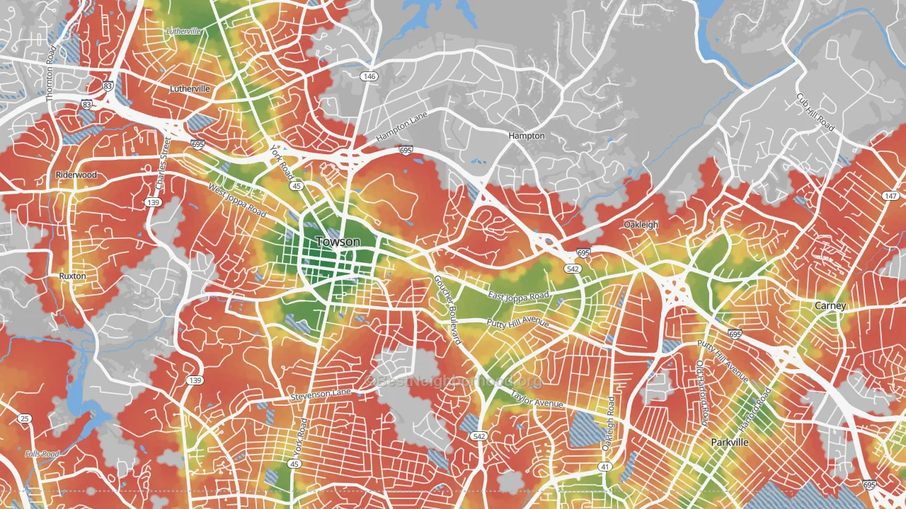 Walk Grade map of 21286, MD, walkable areas in green and car-dependent areas in red