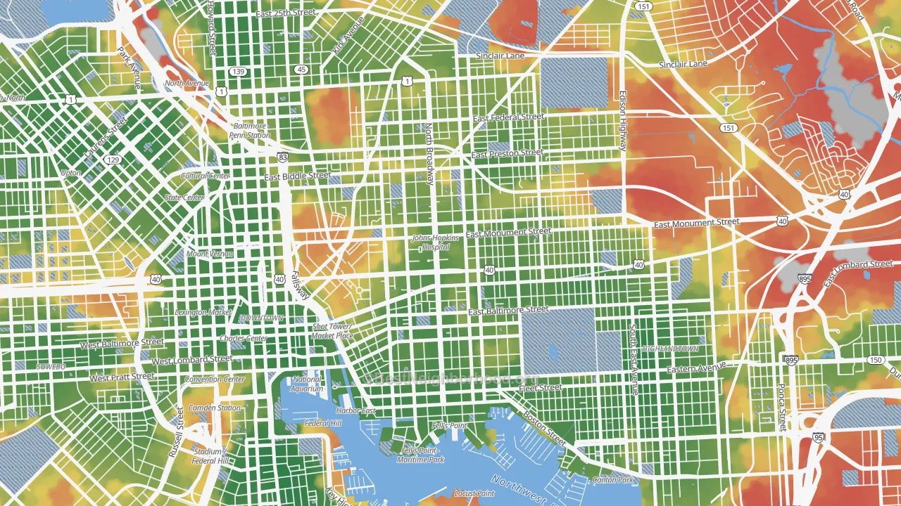 Walk Grade map of 21287, MD, walkable areas in green and car-dependent areas in red