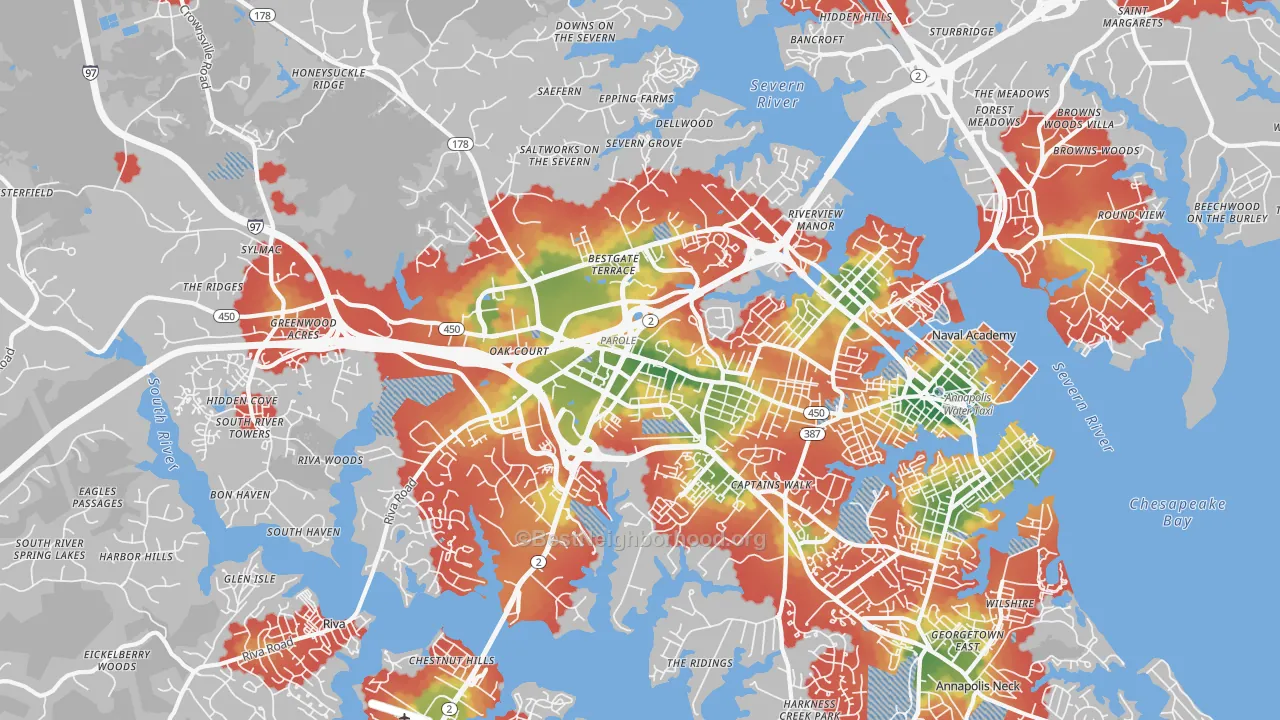 Walk Grade map of 21401, MD, walkable areas in green and car-dependent areas in red