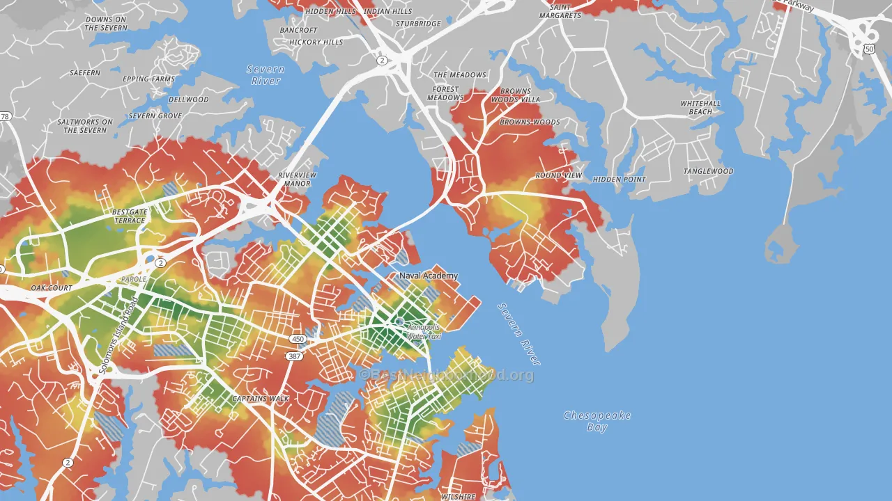 Walk Grade map of 21402, MD, walkable areas in green and car-dependent areas in red