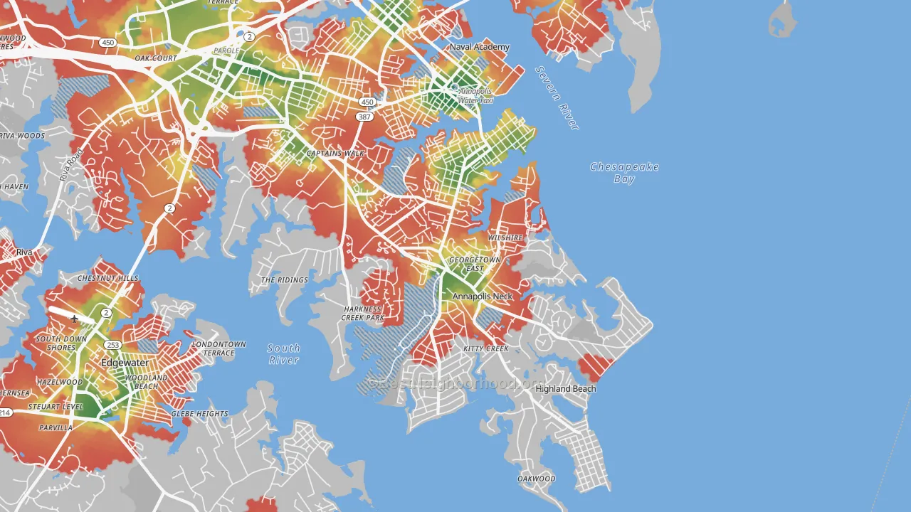 Walk Grade map of 21403, MD, walkable areas in green and car-dependent areas in red
